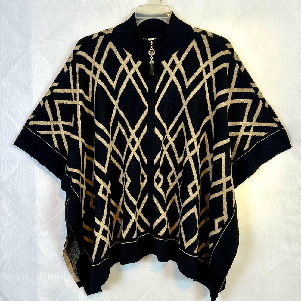 Anne Klein Woman’s Black and Tan Poncho Style Full Zip Sweater / Medium